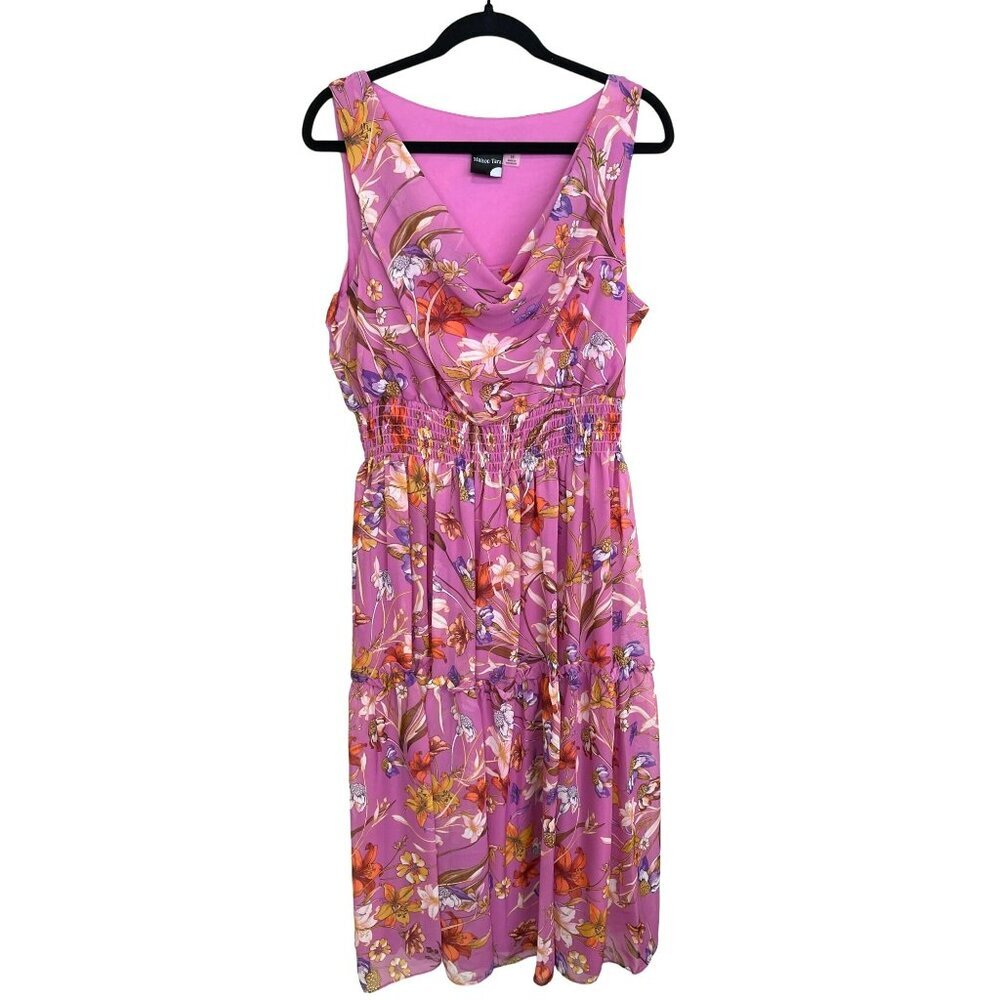 New Maison Tara Size 16 Purple Floral Elastic Waist Drape Neck Midi Dress